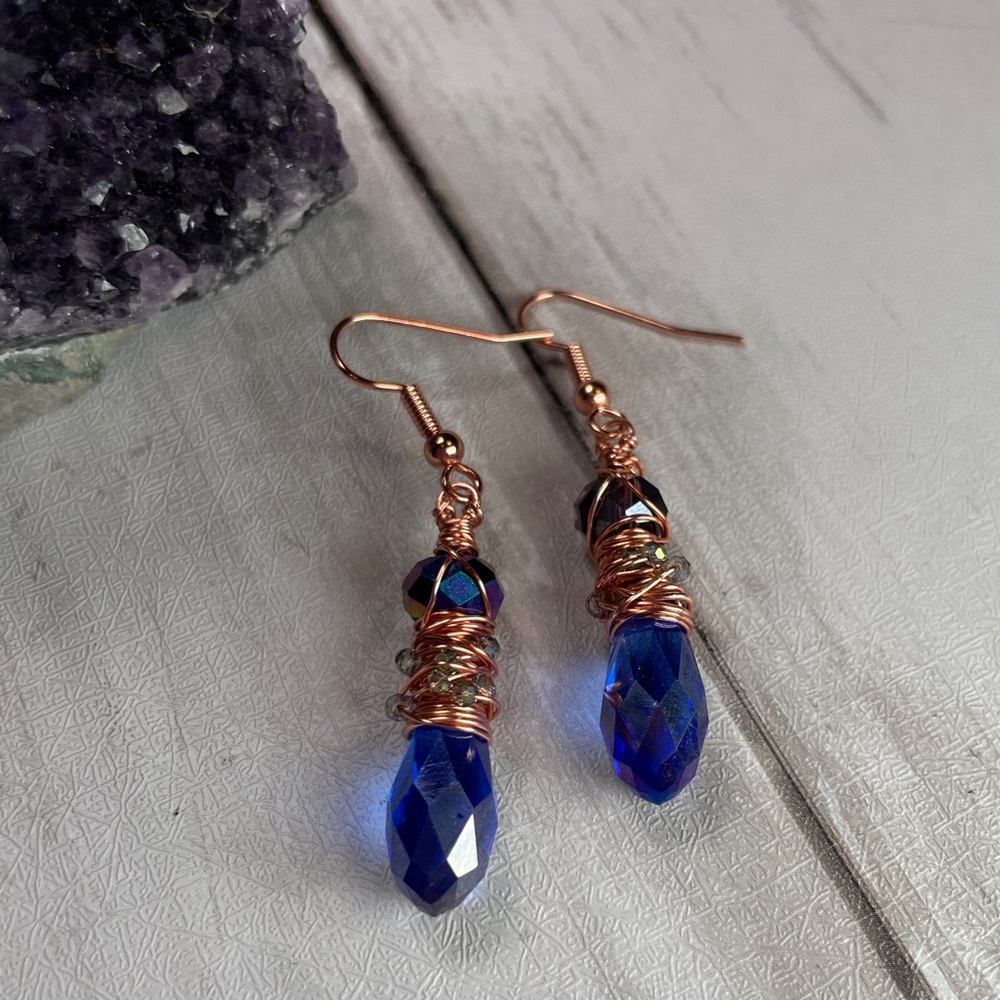 Blue Austrian Crystal Hammered Copper Chaos Wrapped Earrings Artisan Designed - Picture 11 of 17